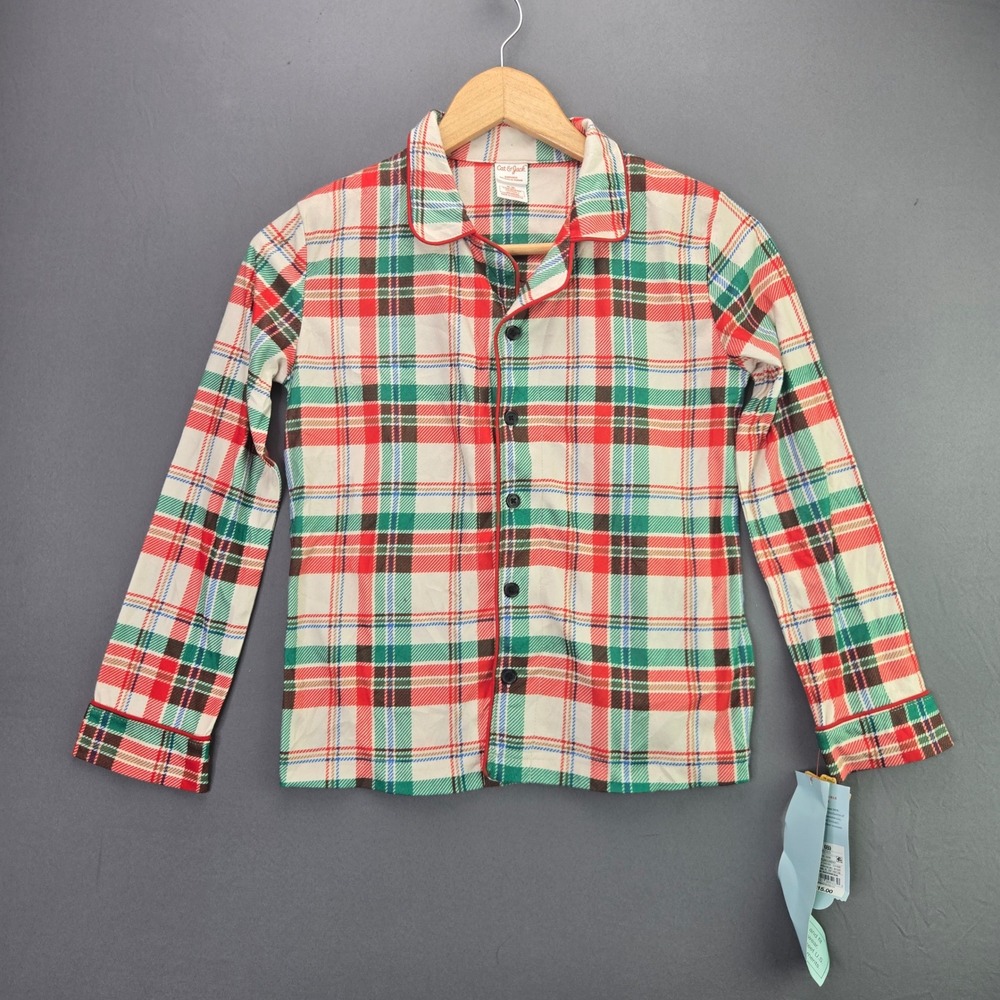 Cat & Jack Pajama Top Boys Size M 8 Cream Plaid Button Up Long Sleeve NWT